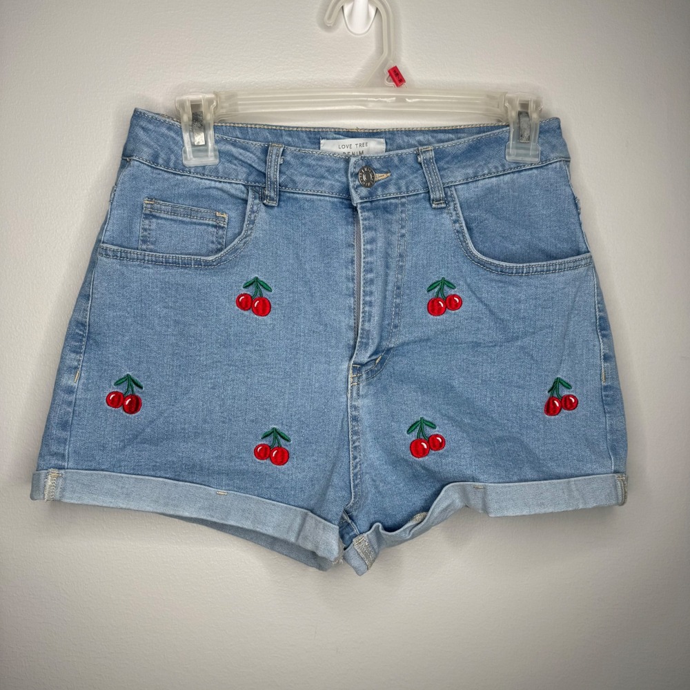 Love Tree Denim Shorts Womens Small Blue Cherry Embroidered‎ High Rise